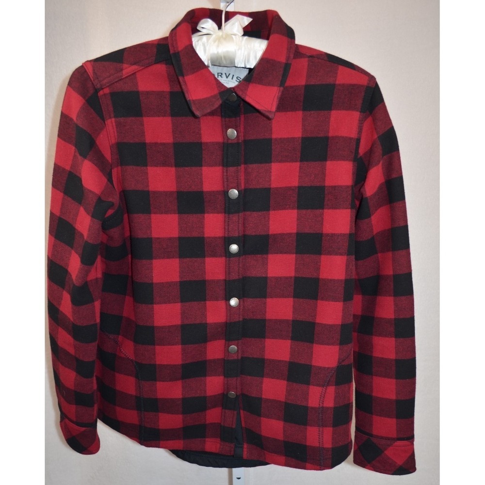 Orvis Shirt Jacket Women's L Red Black Buffalo Plaid Snap Button Fleece Lined